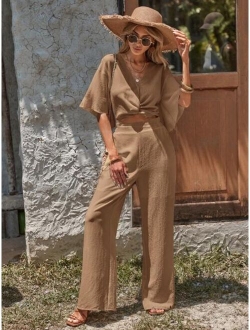 Twist Front Drop Shoulder Crop Top & Wide Leg Pants