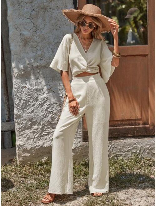 EMERY ROSE Twist Front Drop Shoulder Crop Top & Wide Leg Pants