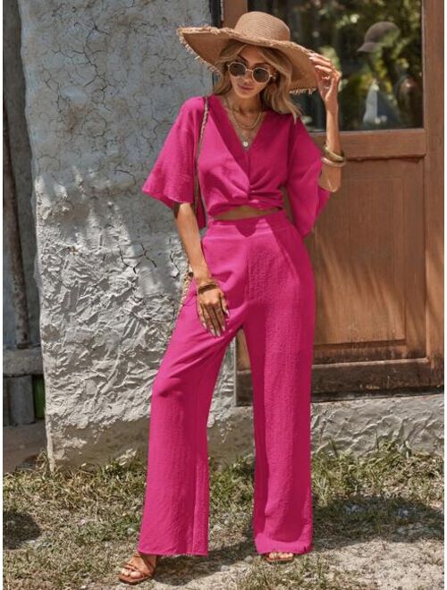 EMERY ROSE Twist Front Drop Shoulder Crop Top & Wide Leg Pants