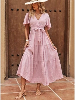 Solid Ruffle Hem Belted Dress