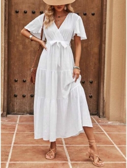 Solid Ruffle Hem Belted Dress