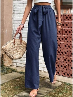 Solid Belted Wide Leg Pants