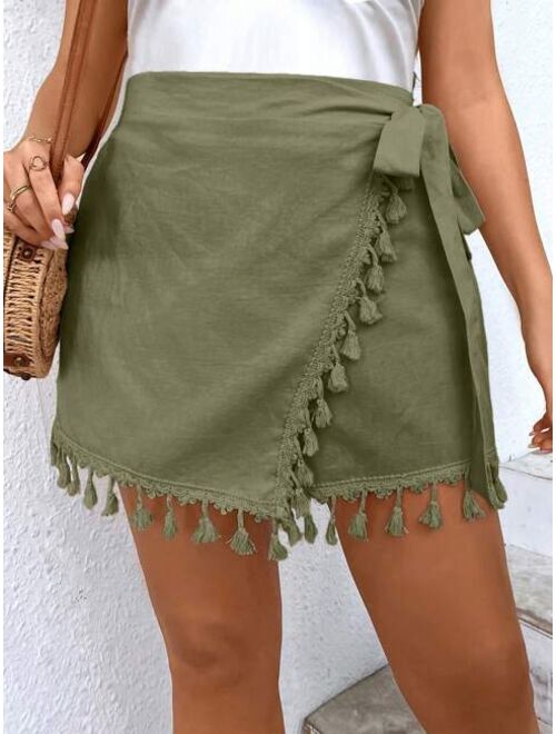 EMERY ROSE Plus Tassel Trim Wrap Knot Side Skort