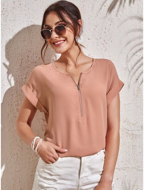 EMERY ROSE Rolled Cuff Zip Half Placket Blouse