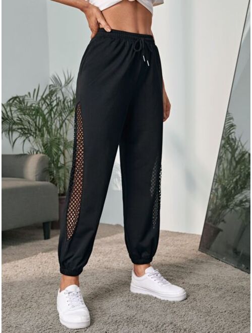 EMERY ROSE Fishnet Insert Drawstring Waist Sweatpants