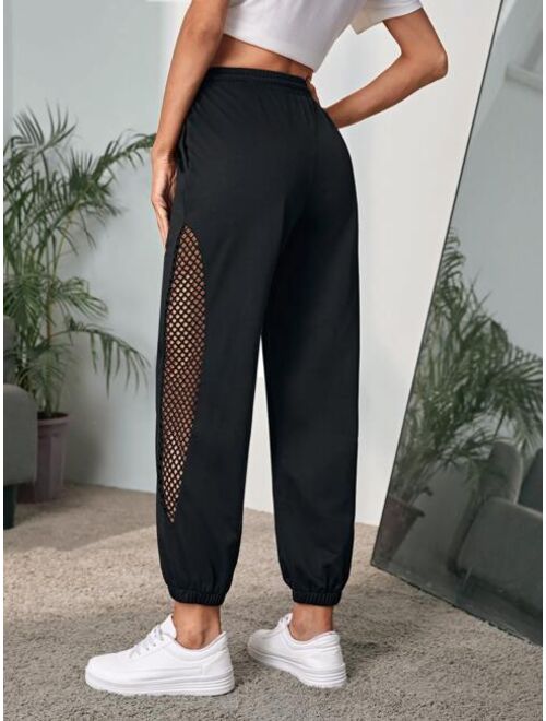 EMERY ROSE Fishnet Insert Drawstring Waist Sweatpants