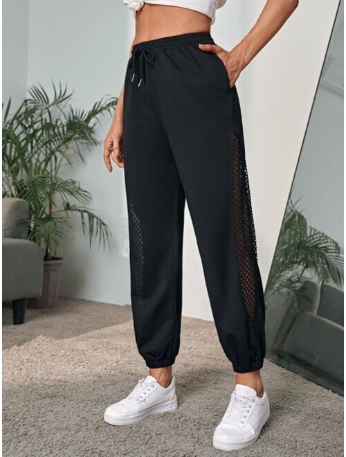 EMERY ROSE Fishnet Insert Drawstring Waist Sweatpants