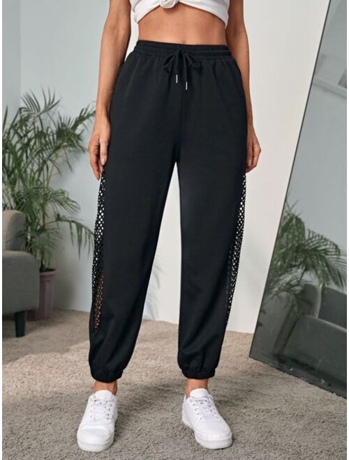 EMERY ROSE Fishnet Insert Drawstring Waist Sweatpants