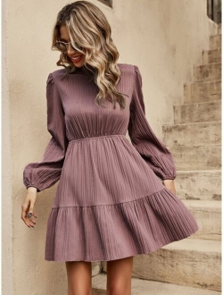 Mock Neck Lantern Sleeve Ruffle Hem Dress