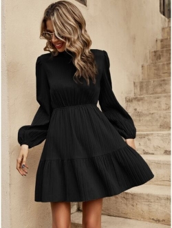 Mock Neck Lantern Sleeve Ruffle Hem Dress