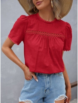 Guipure Lace Panel Puff Sleeve Blouse