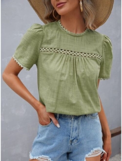 Guipure Lace Panel Puff Sleeve Blouse