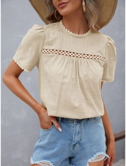 Guipure Lace Panel Puff Sleeve Blouse