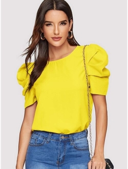 Neon Lime Gathered Sleeve Keyhole Back Blouse