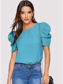 Neon Lime Gathered Sleeve Keyhole Back Blouse