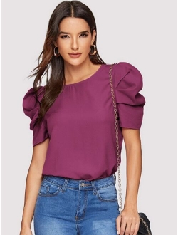 Neon Lime Gathered Sleeve Keyhole Back Blouse