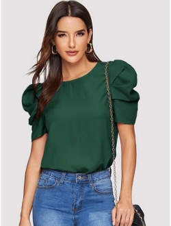 Neon Lime Gathered Sleeve Keyhole Back Blouse