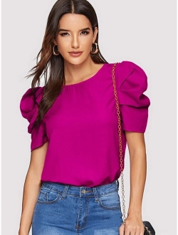 Neon Lime Gathered Sleeve Keyhole Back Blouse