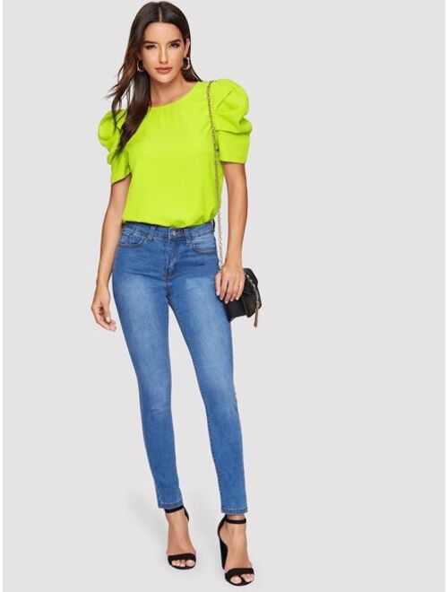 EMERY ROSE Neon Lime Gathered Sleeve Keyhole Back Blouse