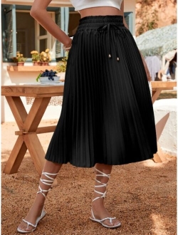 Solid Drawstring Waist Pleated Skirt