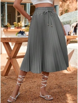 Solid Drawstring Waist Pleated Skirt