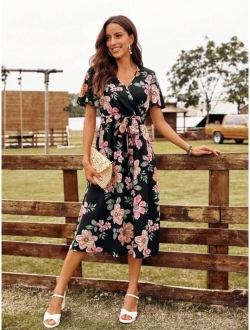 Floral Print Belted A-line Dress