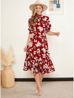 Mock Neck Floral Print Ruffle Hem Dress