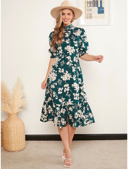 EMERY ROSE Mock Neck Floral Print Ruffle Hem Dress