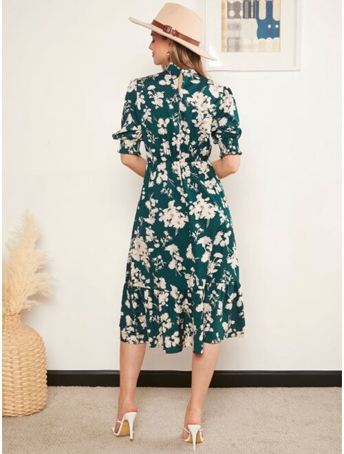 EMERY ROSE Mock Neck Floral Print Ruffle Hem Dress