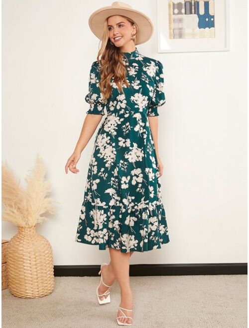 EMERY ROSE Mock Neck Floral Print Ruffle Hem Dress