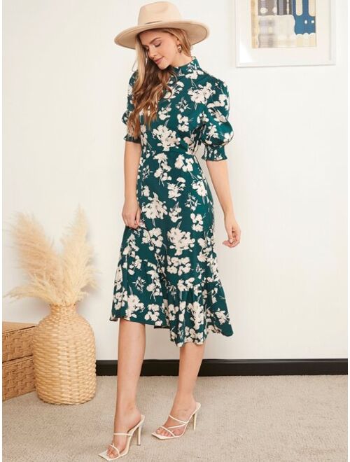 EMERY ROSE Mock Neck Floral Print Ruffle Hem Dress