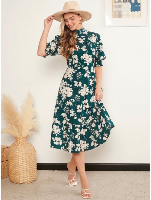 EMERY ROSE Mock Neck Floral Print Ruffle Hem Dress