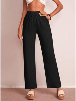 Elastic Waist Solid Wide Leg Pants