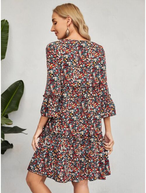 EMERY ROSE Ditsy Floral Print Flounce Sleeve Ruffle Hem Smock Dress