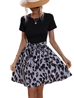 Women's Graphic Short Sleeve Belted Mini Dress A Line Flared Skater Dresses