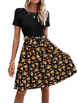 Women's Graphic Short Sleeve Belted Mini Dress A Line Flared Skater Dresses