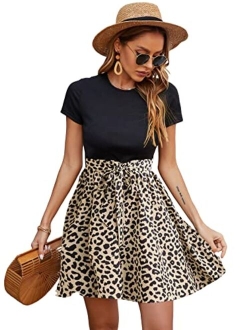 Women's Graphic Short Sleeve Belted Mini Dress A Line Flared Skater Dresses