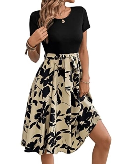 Women's Graphic Short Sleeve Belted Mini Dress A Line Flared Skater Dresses