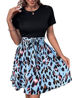 Women's Graphic Short Sleeve Belted Mini Dress A Line Flared Skater Dresses