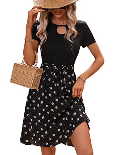 SweatyRocks Women's Graphic Short Sleeve Belted Mini Dress A Line Flared Skater Dresses