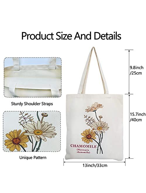 Taoqiao Canvas Floral Botanical Tote Bag for Women Teacher, Reusable Grocery Bags, Cute Cat Tote Bags Aesthetic for Shopping