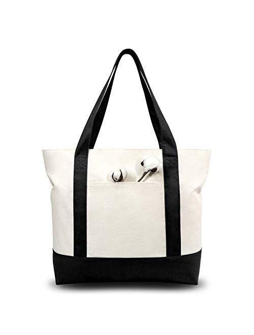 TOPDesign 1 | 3 | 6 | 30 Pack Stylish Canvas Tote Bag with an External Pocket, Top Zipper Closure, Daily Essentials (Black/Natural Pack of 1)