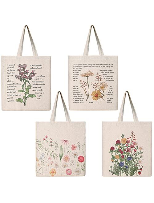 Saintrygo 4 Pieces Canvas Tote Bag Flowers Shopping Bag Gift Beautiful Floral Tote Bag Aesthetic Reusable Grocery Shopping Bag School Tote Book Lover Tote Makeup Bags for