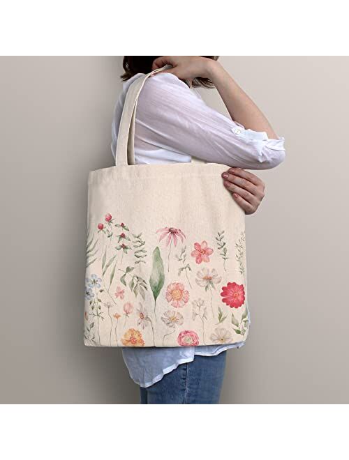 Saintrygo 4 Pieces Canvas Tote Bag Flowers Shopping Bag Gift Beautiful Floral Tote Bag Aesthetic Reusable Grocery Shopping Bag School Tote Book Lover Tote Makeup Bags for