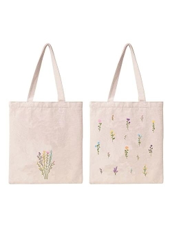 Kazova Floral Cotton Canvas Tote Bag Minimalist Bouquet Aesthetic Tote Bag Reusable Canvas Shopping Wildflower Botanical Flower Tote Bag gift for her