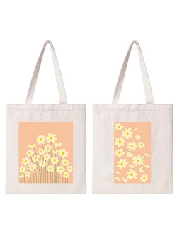 Kazova Floral Cotton Canvas Tote Bag Minimalist Bouquet Aesthetic Tote Bag Reusable Canvas Shopping Wildflower Botanical Flower Tote Bag gift for her