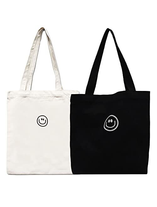 TWOYOMN 2PCS Women Aesthetic Cute Tote Bags Inspirational Gifts for Women Beach Bags Reusable Grocery Canvas Tote Bags of Print Smile Black