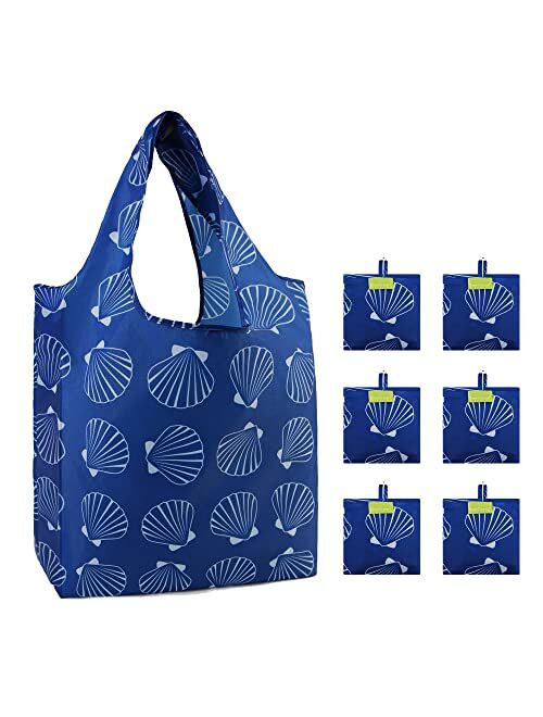 BeeGreen Shopping Bags Reusable Grocery Tote Bags 6 Pack XLarge 50LBS Ripstop Geometric Fashion Recycling Bags with Pouch Bulk Machine Washable Nylon Bags Black Gray Blue