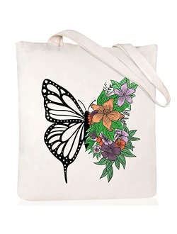 Andeiltech Canvas Tote Bag for Women Aesthetic butterfly FlowerTote Bag Book Shoulder Reusable Grocery Bags Mother's Day Gift