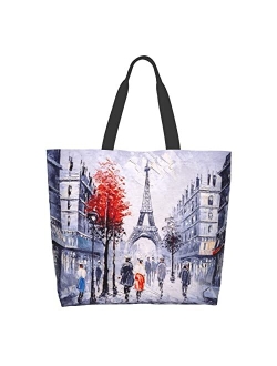 Sweetshow Eiffel Tower Grocery Bag French Tote Shopping Bag, Stylish Paris Street Gift Bag Paris Reusable Shoulder Bag Handbag